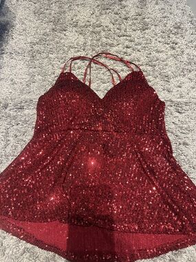 Women's Red Sequin Lace-Trim Chemise with Strappy Back